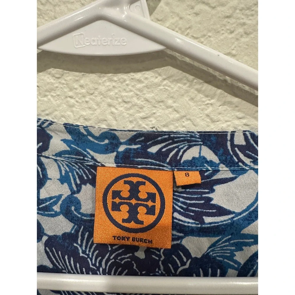 Tory Burch Blue Floral Silk Blend‎ Roll Tab Sleeve Tunic Top Blouse Size 8